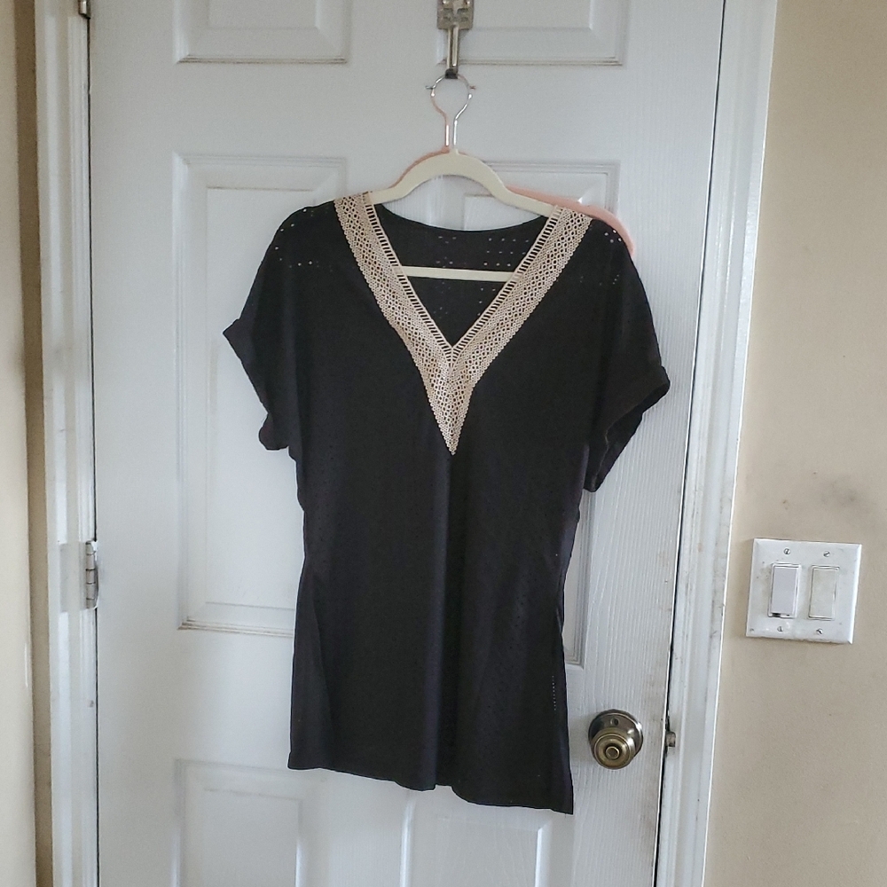 Black V-Neck Tunic Top with Cream Crochet Trim